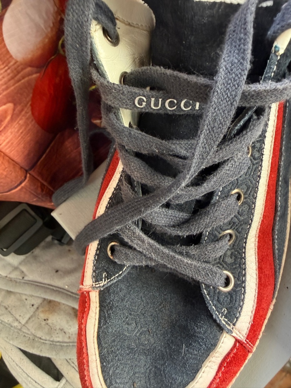 Gucci Men's Blue, Red & White High-Top Sneakers - Picture 6 of 9